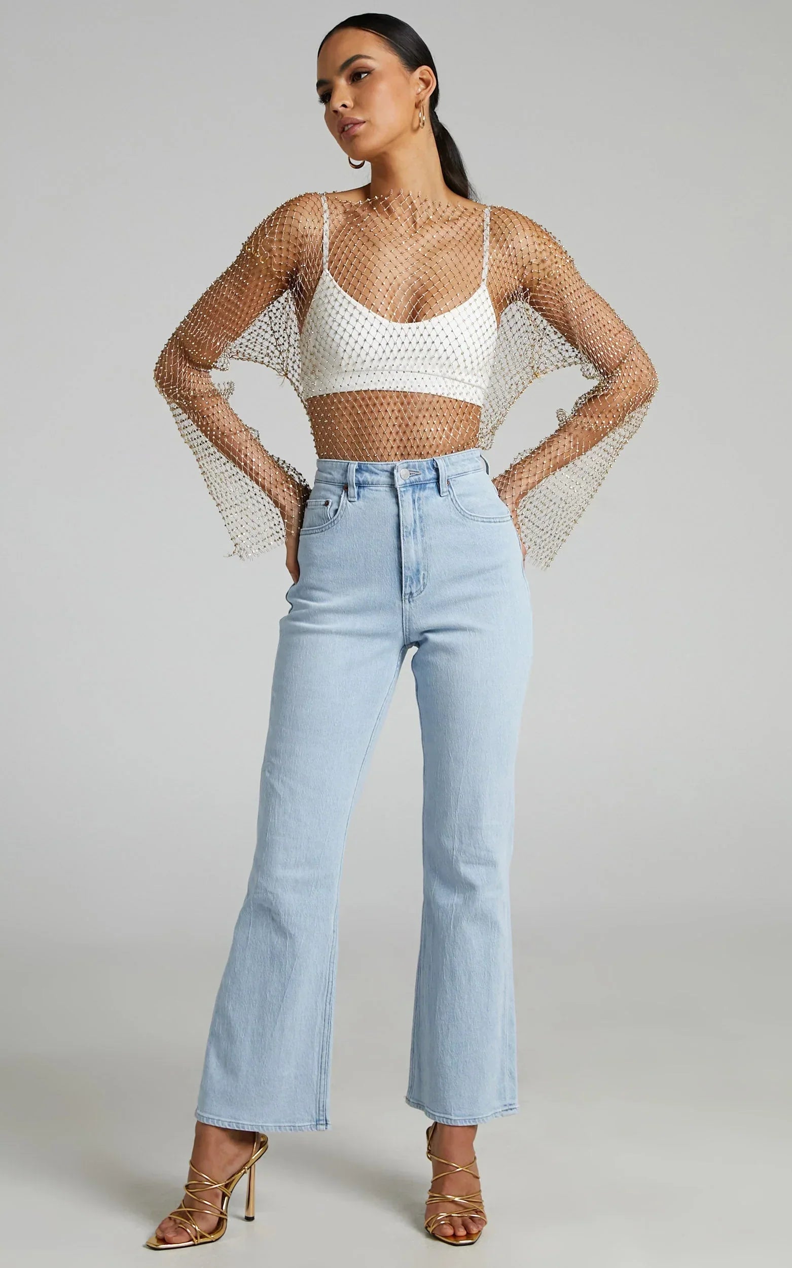 Charess Top - Diamante Mesh Long Sleeve Top in Gold