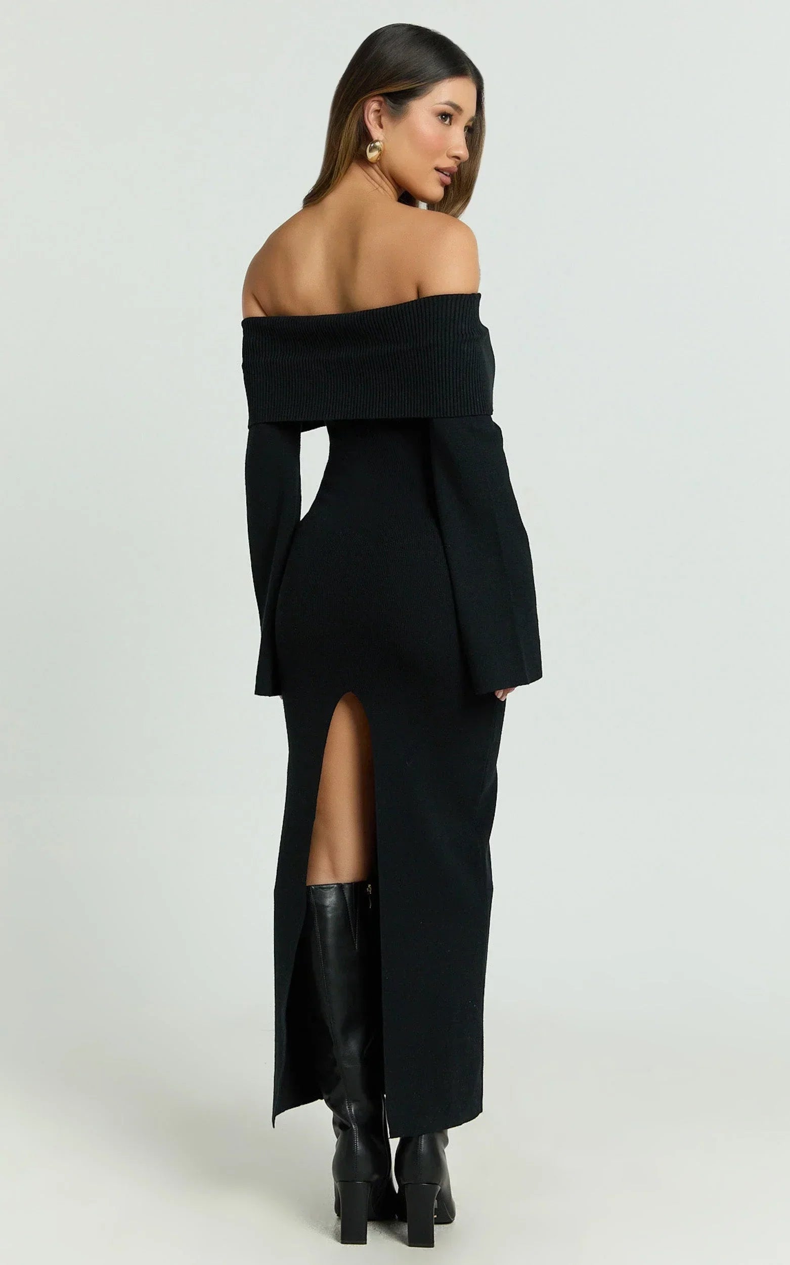 Maisie Midi Dress - Off Shoulder Long Sleeve Fitted Column Knit Dress in Black