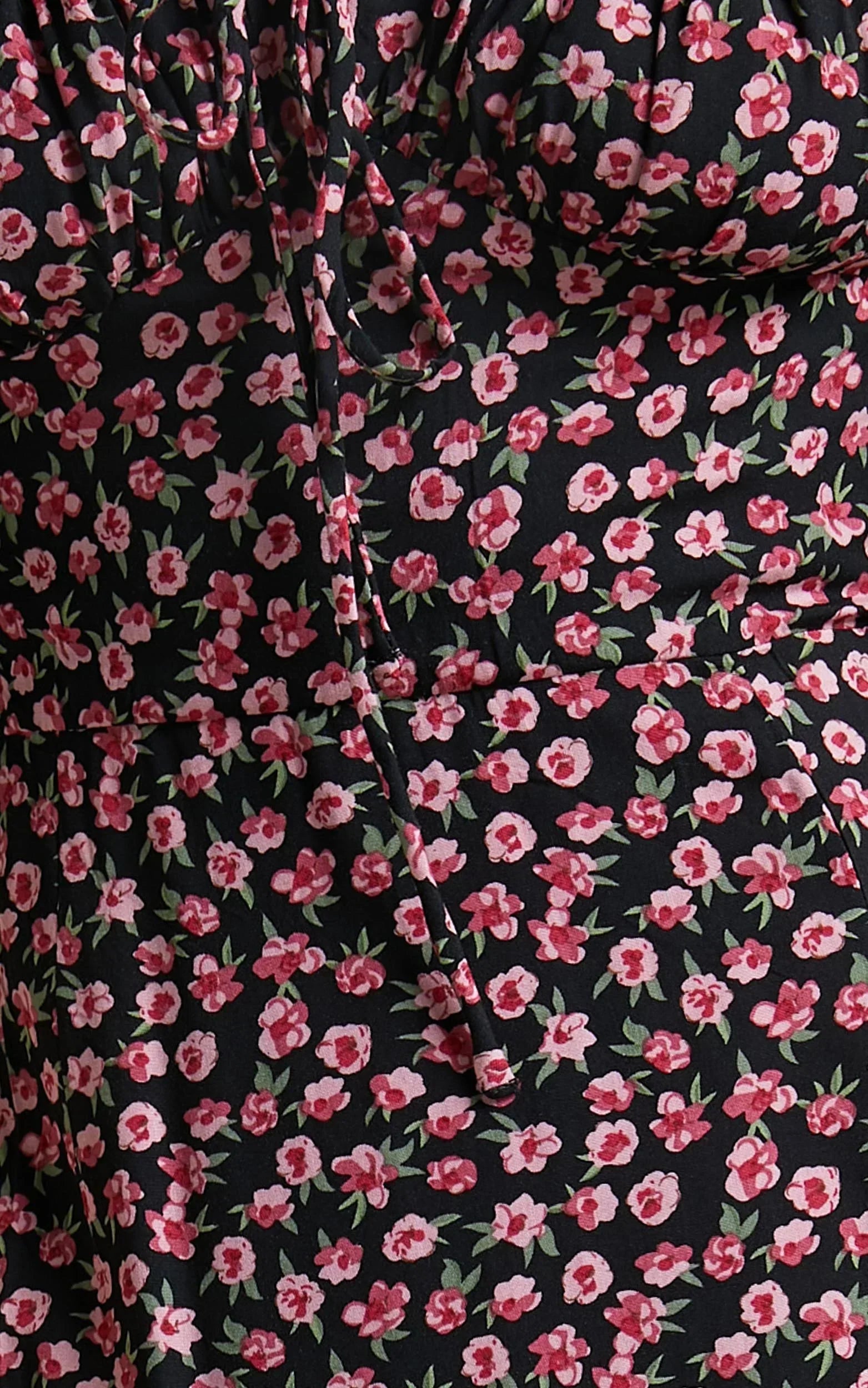 Rosario Midi Dress - Ruched Bust Puff Sleeve Dress in Black Floral