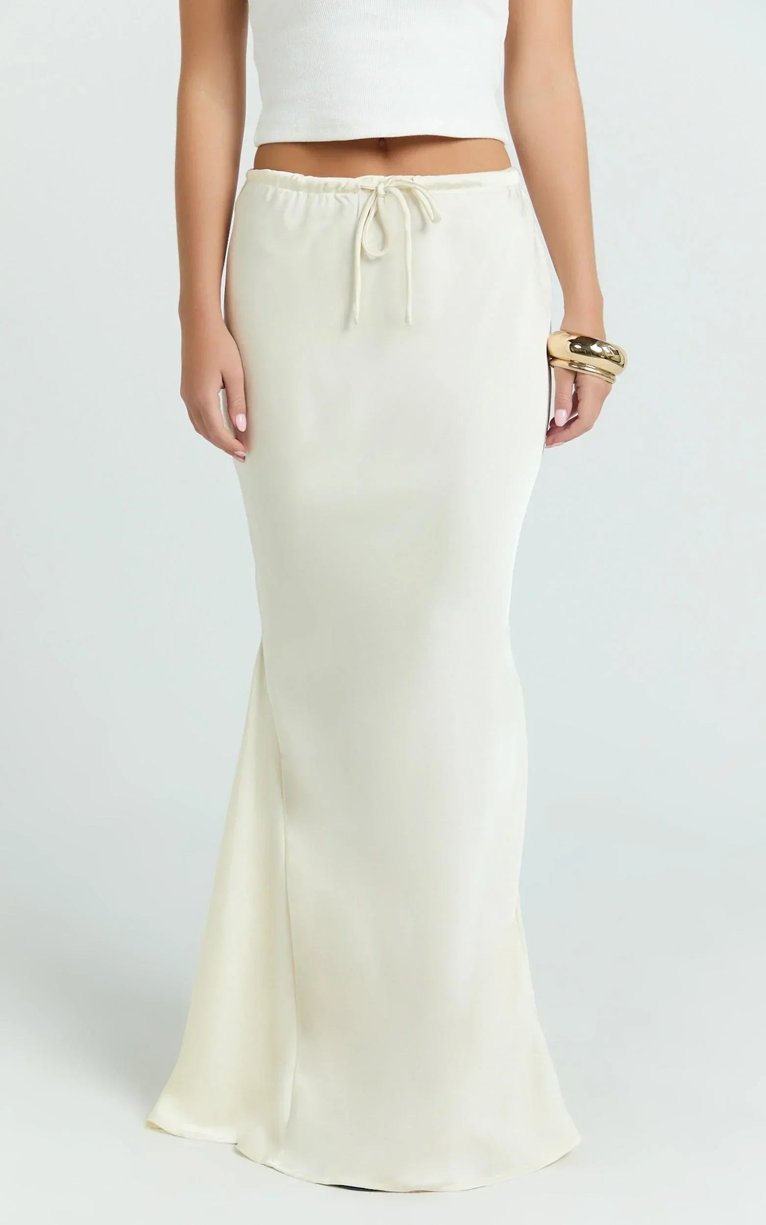 Jenna Maxi Skirt - Mid Waisted Satin Maxi Skirt in Oyster