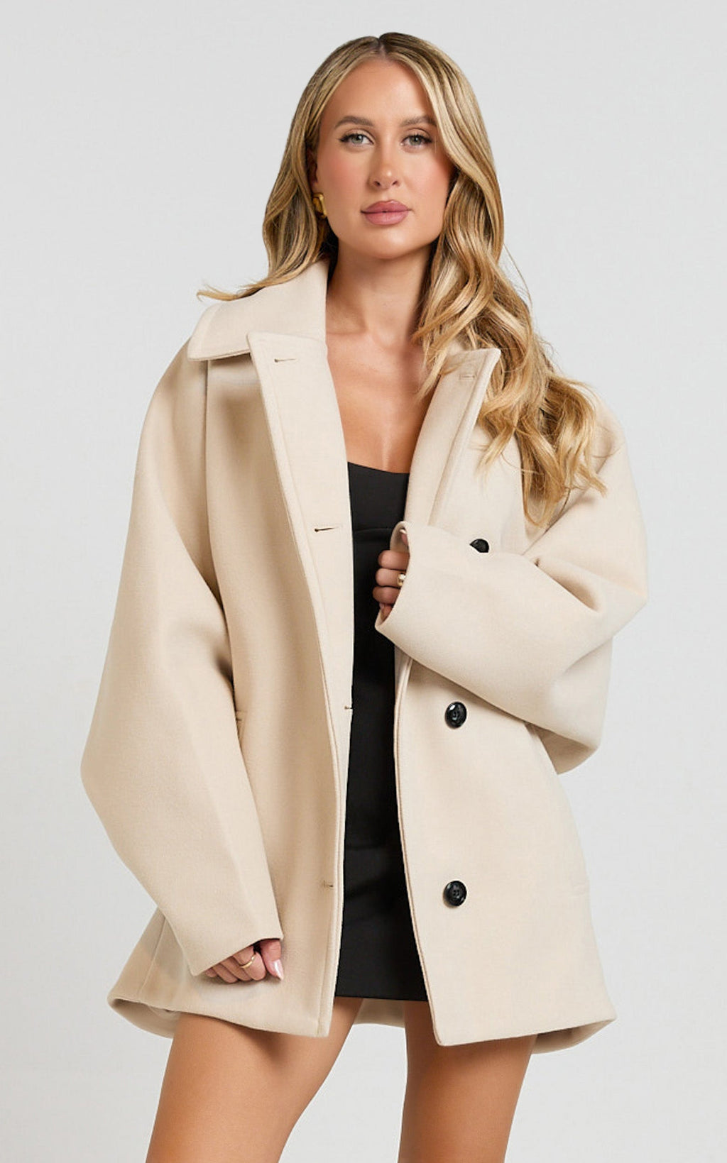 Claudia Coat - Oversized Three-Button Front Closure Coat in Beige