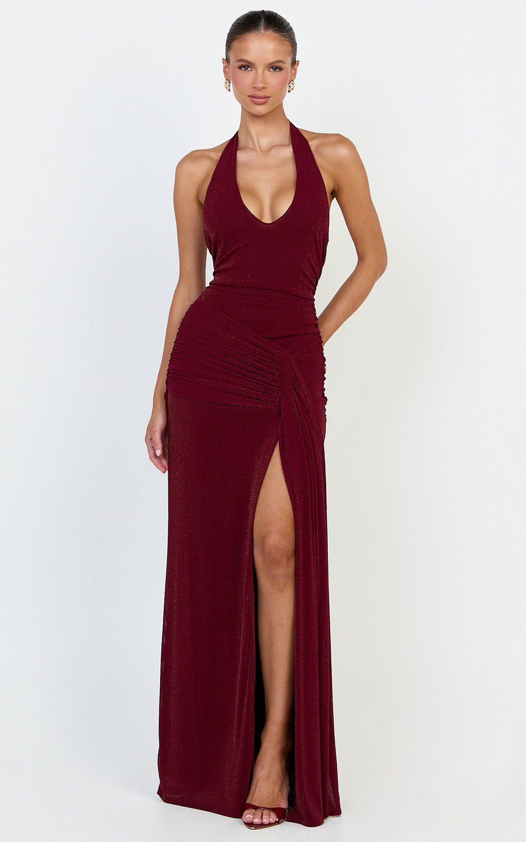Coraline Maxi Dress - Plunge Neckline Lurex Mesh Halter Dress in Wine