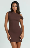Clementine Mini Dress - Ribbed Off Shoulder Bodycon Dress in Chocolate