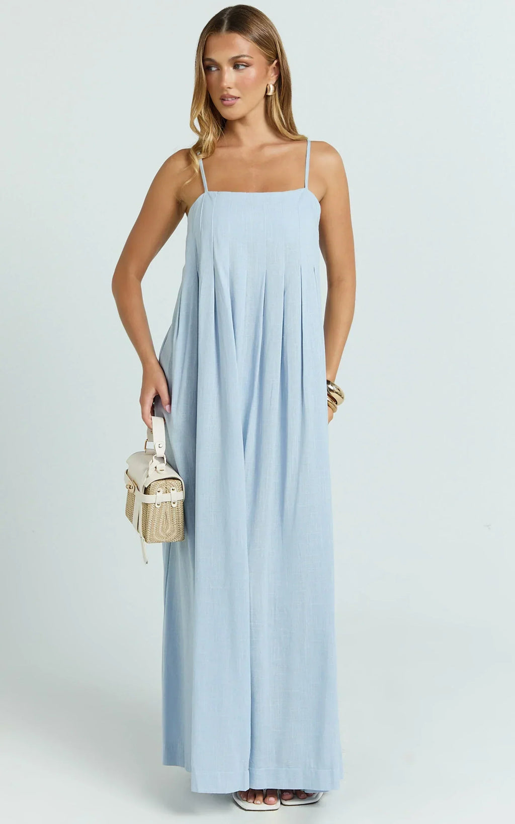 Cloe Midi Dress - Pleated Detail Dress in Blue