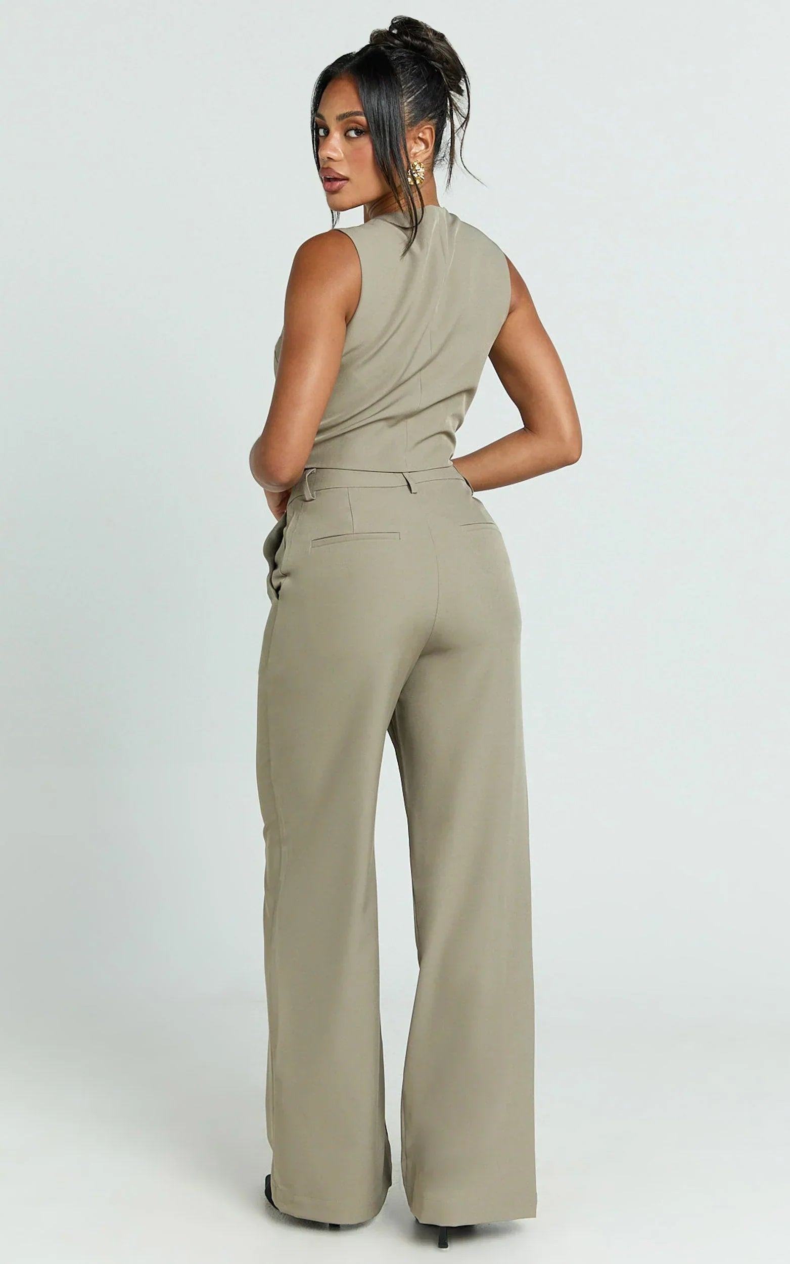 Melinda Pants - Recycled Tailored High Waist Wide Leg Pants in Light Olive