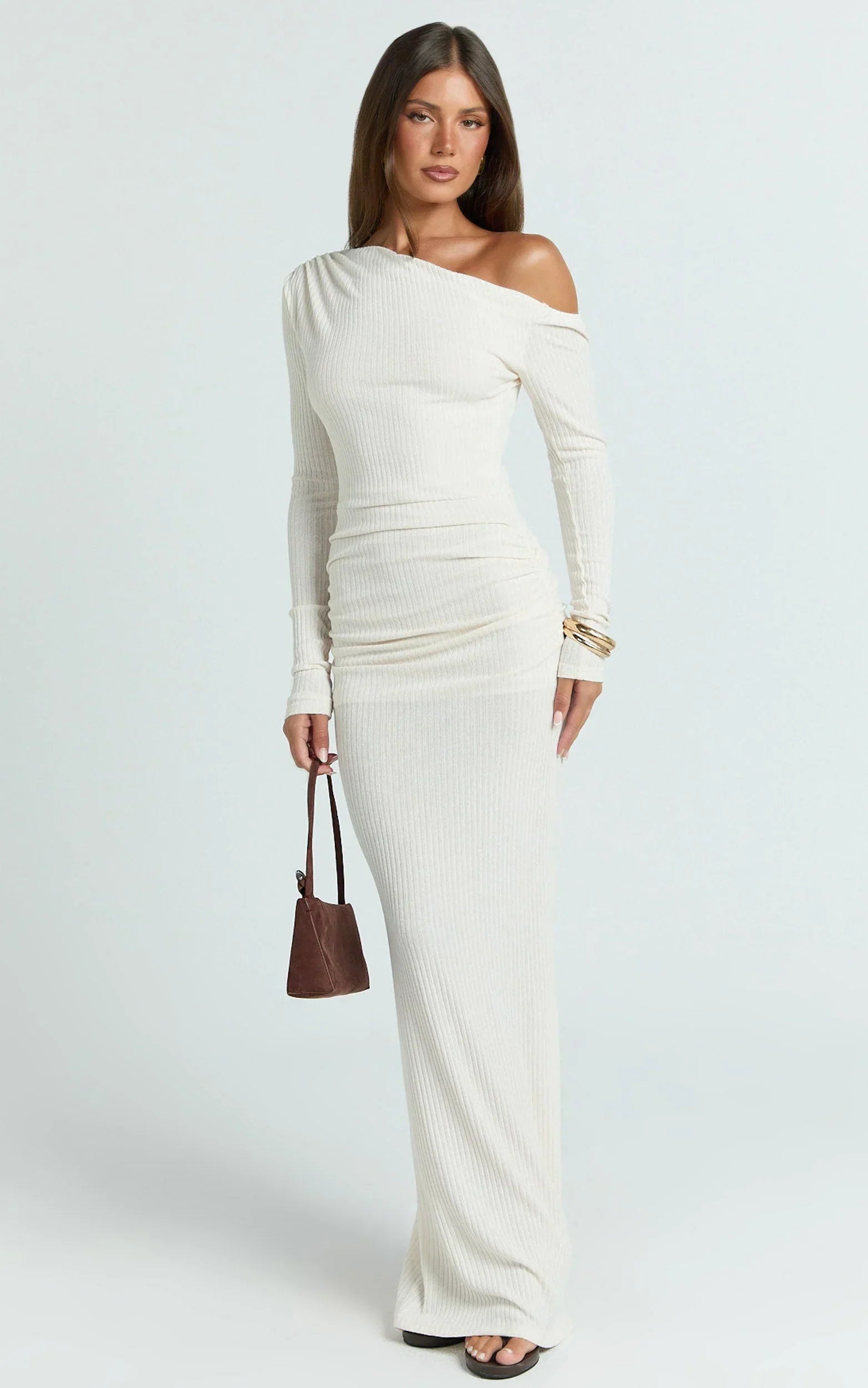 Faith Maxi Dress - Off Shoulder Long Sleeve Maxi Dress in Cream