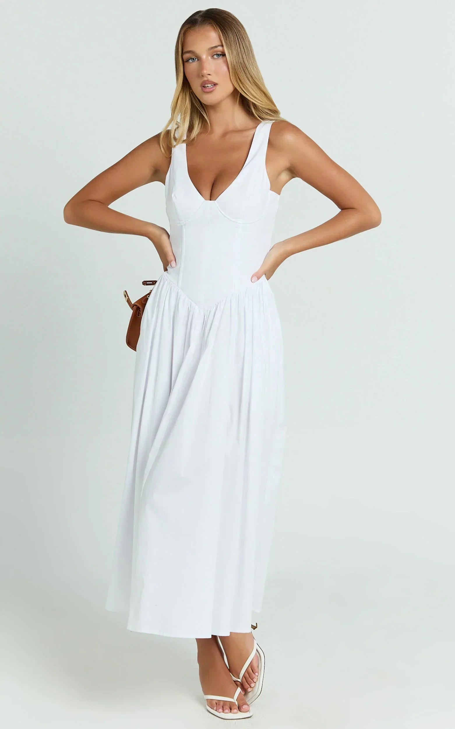 Beckett Midi Dress - Scoop Neck Drop V Waist Gathered Skirt Dress in White