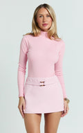 Isabela Bodysuit - High Neck Long Sleeve Ribbed Bodysuit in Pink