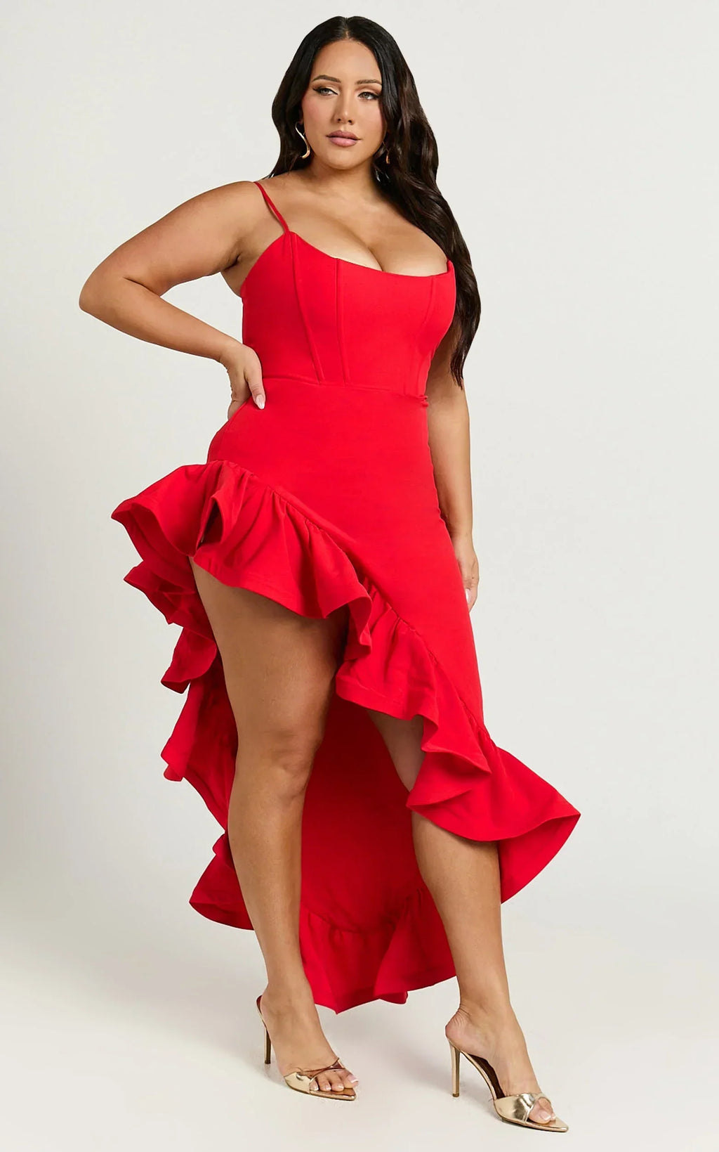 Maura Maxi Dress - Scoop Neckline Ruffle High Low Dress in Red