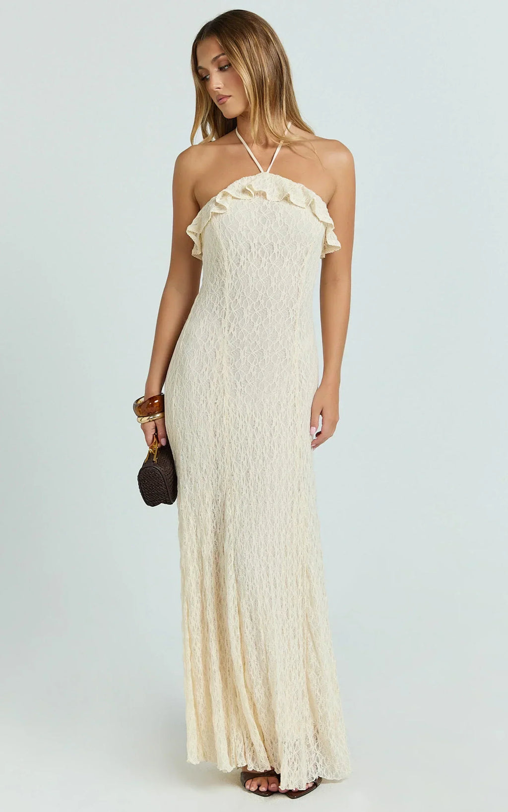 Rhea Maxi Dress - Lace Ruffle Halter A Line Godet Dress in Cream