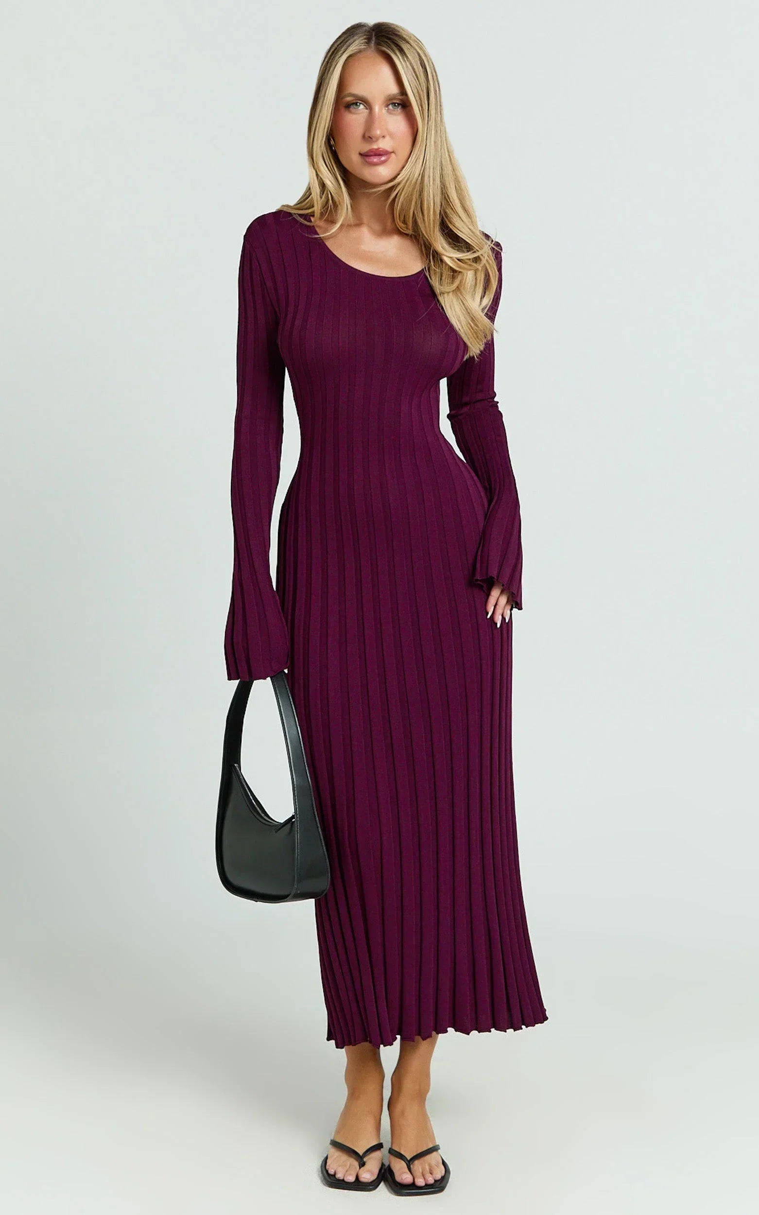 Blaire Midi Dress - Long Sleeve Tie Back Flare Dress in Wine