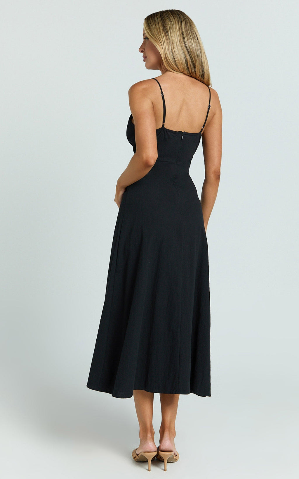 Daphne Midi Dress - Gathered Cut Out A Line Dress in Black