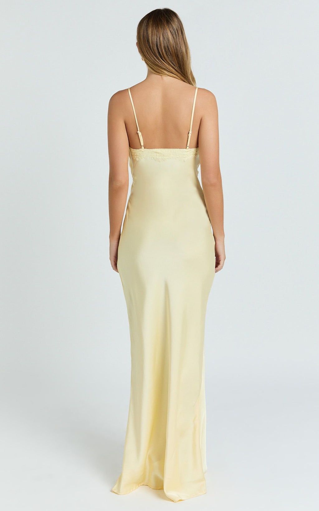 Liliane Maxi Dress - Lace Trim Bias Cut Dress in Lemon
