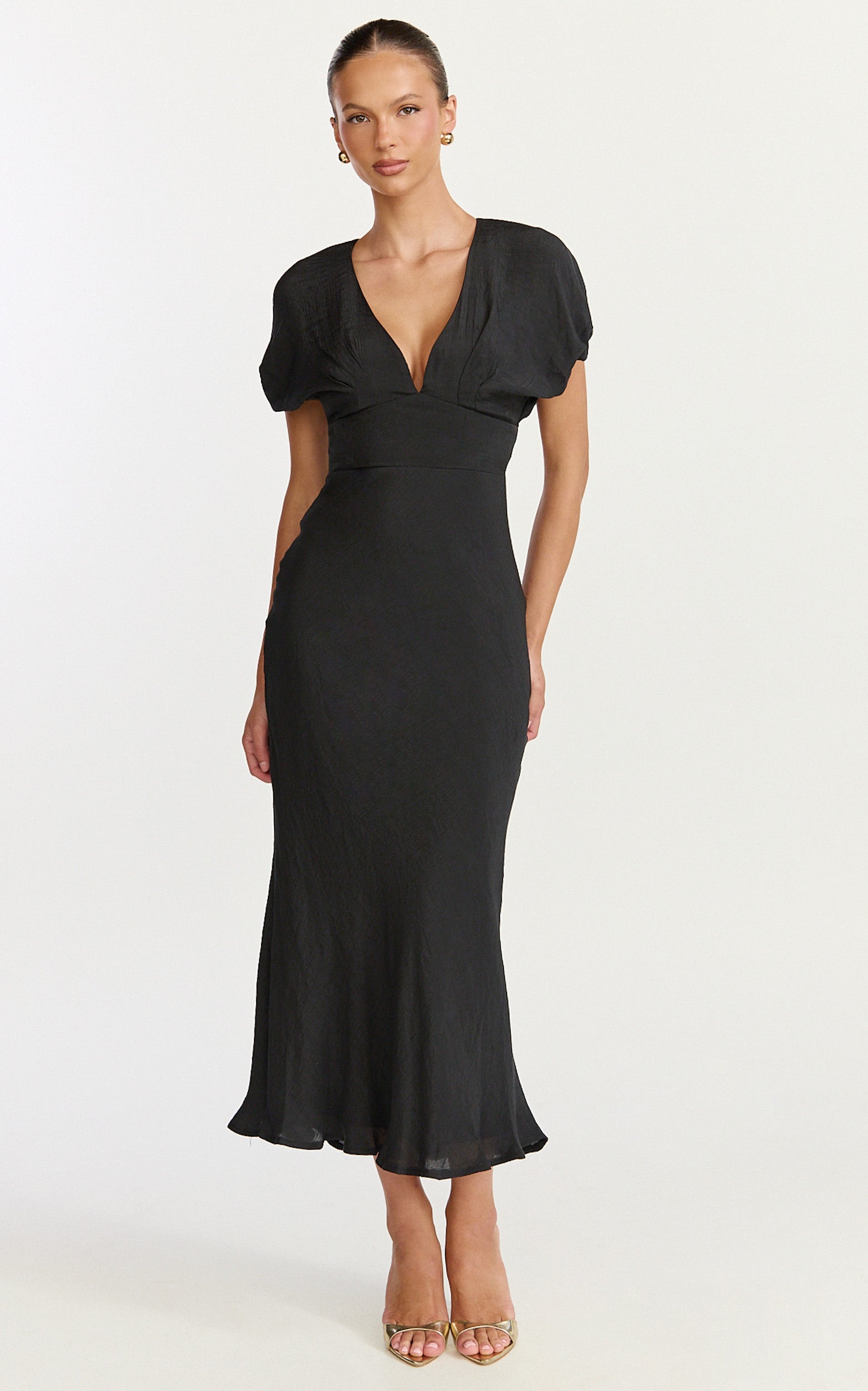Desiree Midi Dress - V Neck Flutter Short Sleeve Slip Dress in Black