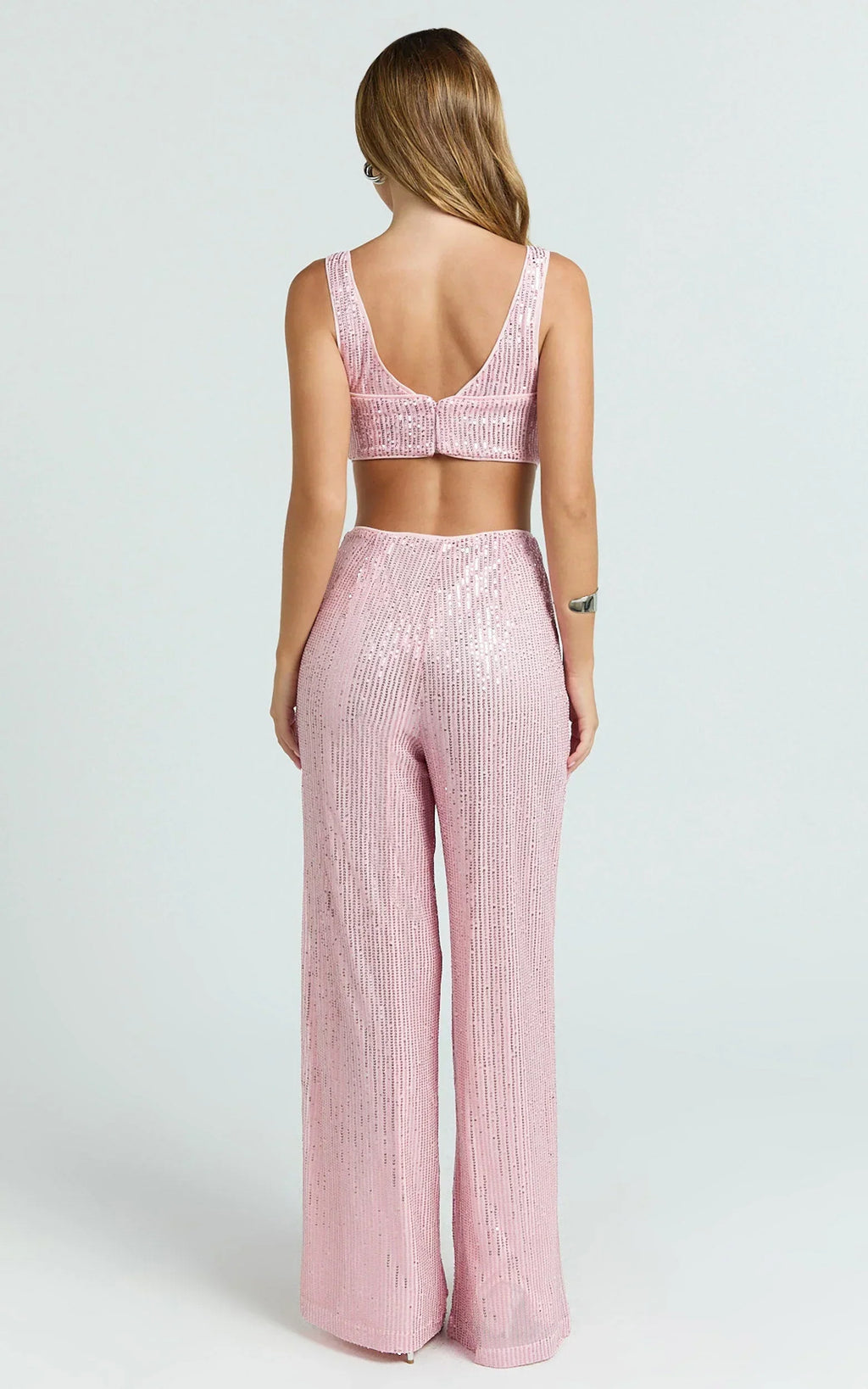 Abela Two Piece Set - Crop Top and Wide Leg Pants Set in Pink Sequin