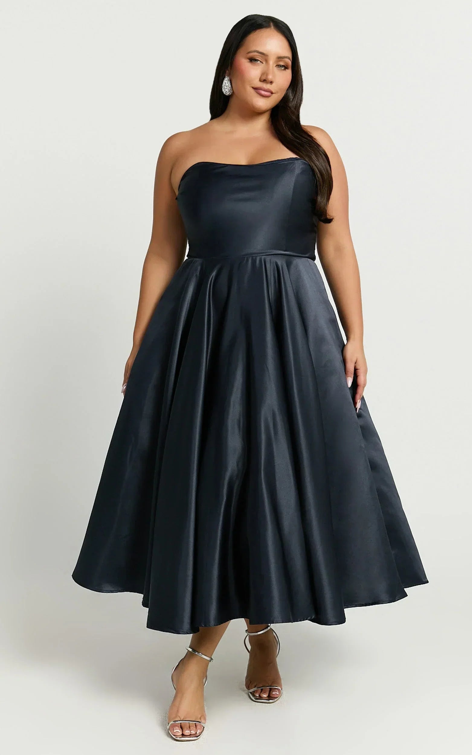 Helaina Midi Dress - Line Satin Dress in Navy