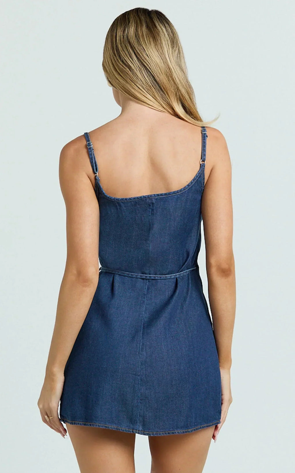 Ramira Mini Dress - Denim Halter Neck Wrap Tie Mini Dress in Raw