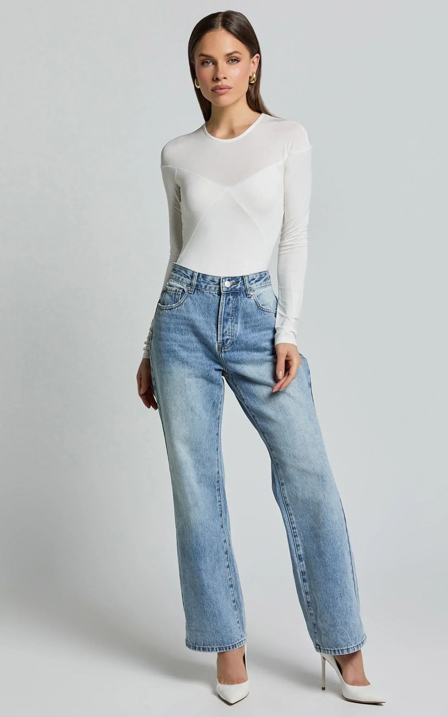 Kerryn Bodysuit - Long Sleeve Marl Cross Front Bodysuit in Ivory