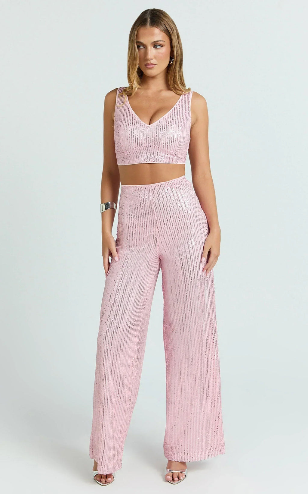 Abela Two Piece Set - Crop Top and Wide Leg Pants Set in Pink Sequin