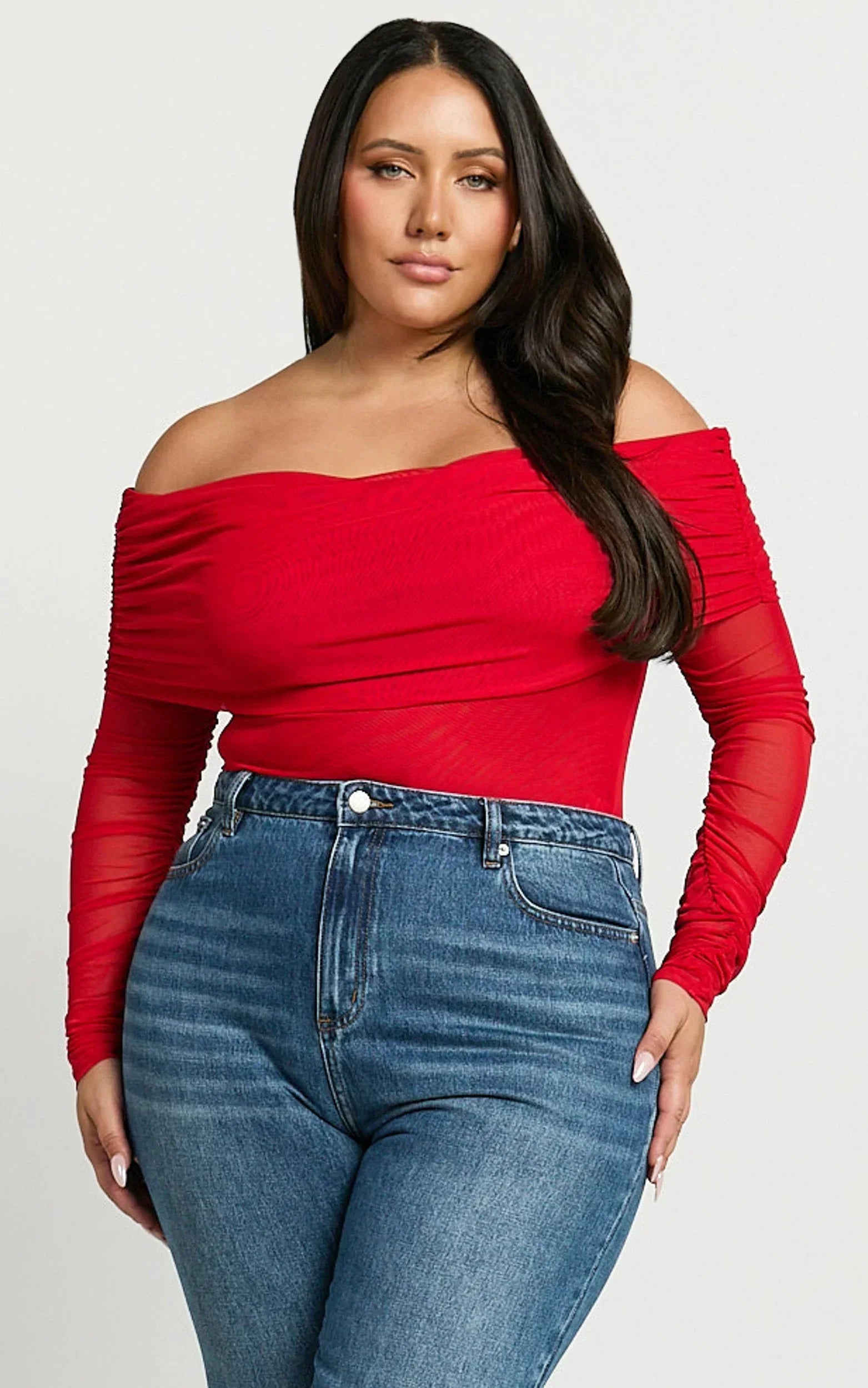 Jaythen Bodysuit - Long Sleeve Off Shoulder Ruched Mesh Bodysuit in Red