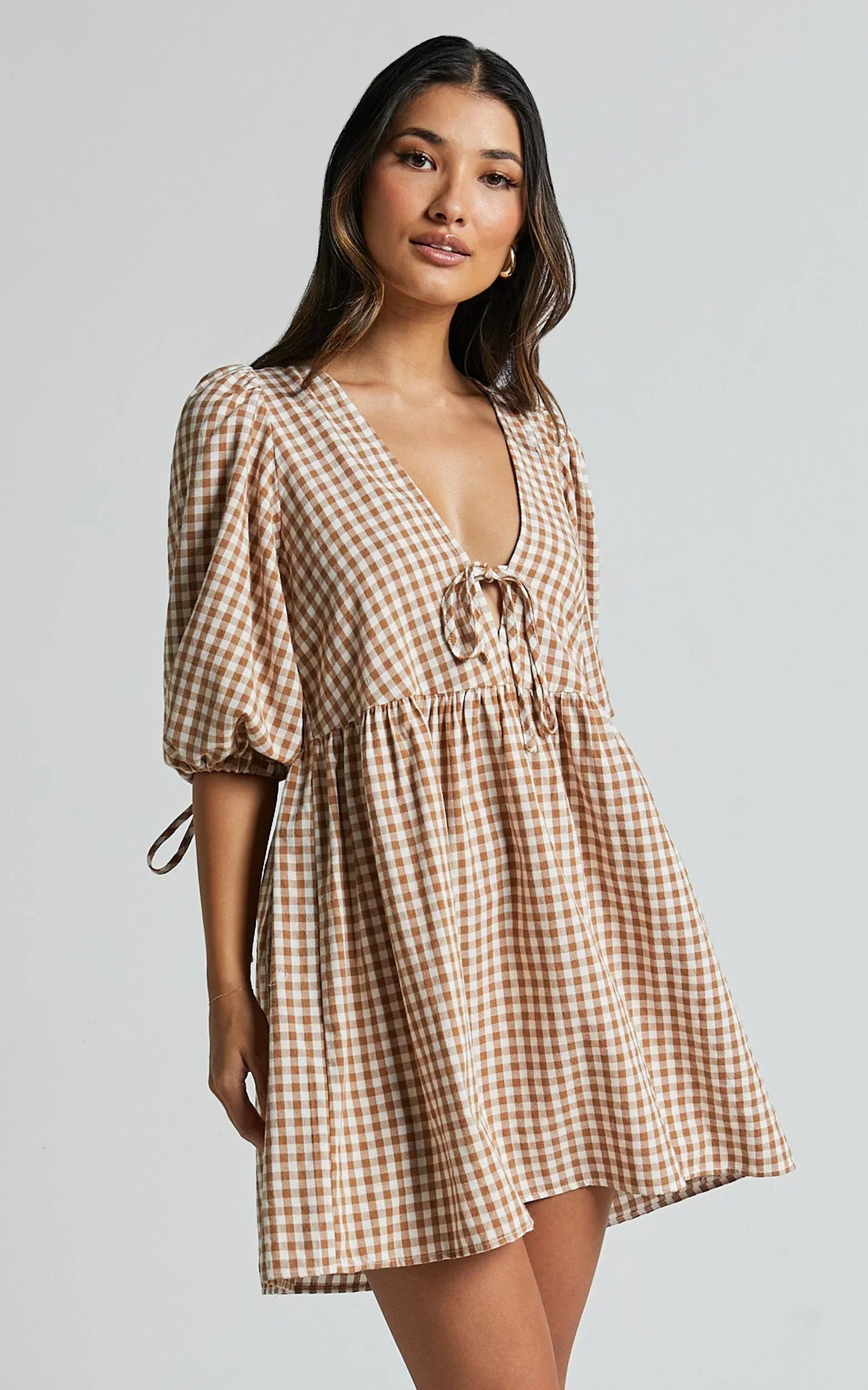 Rosita Mini Dress - Tie Front Puff Sleeve Dress in Caramel & White Gingham