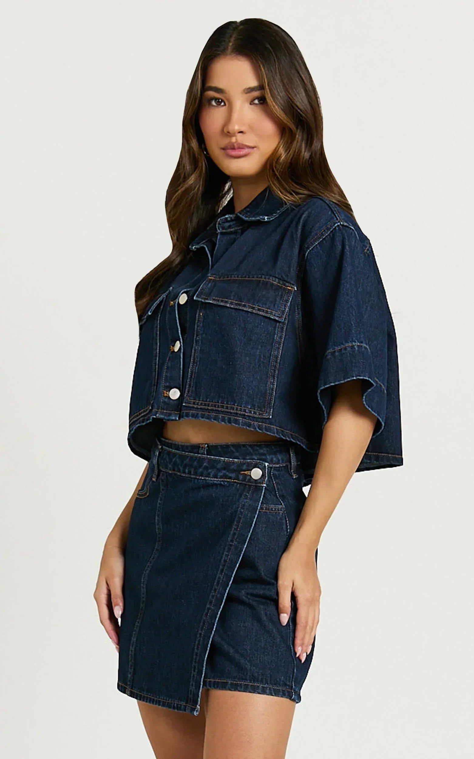Katherine Mini Skirt - Cross Front Recycled Denim Skirt in Dark Blue Wash
