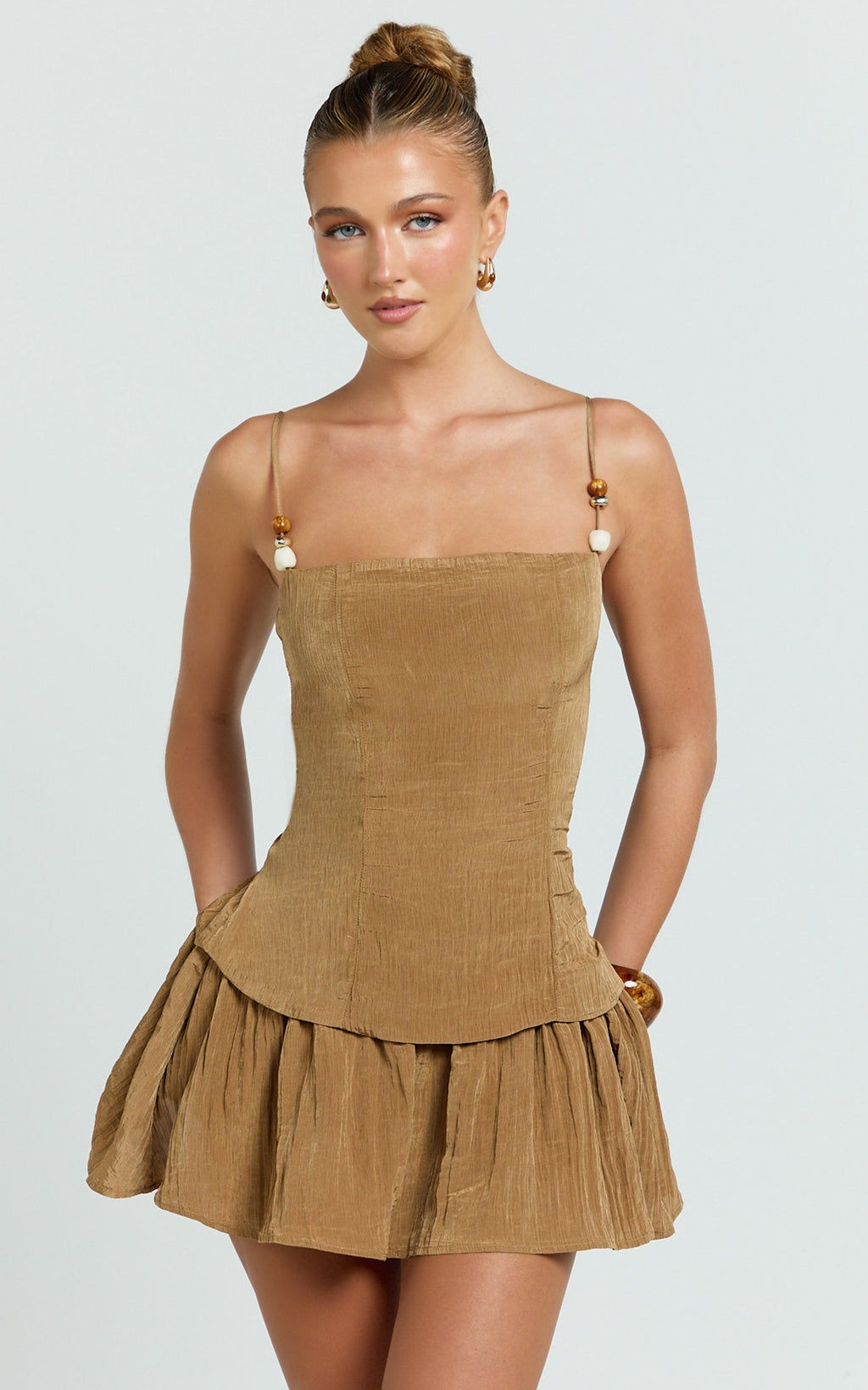Edie Mini Dress - Straight Neck Gathered Drop Waist Dress in Brown