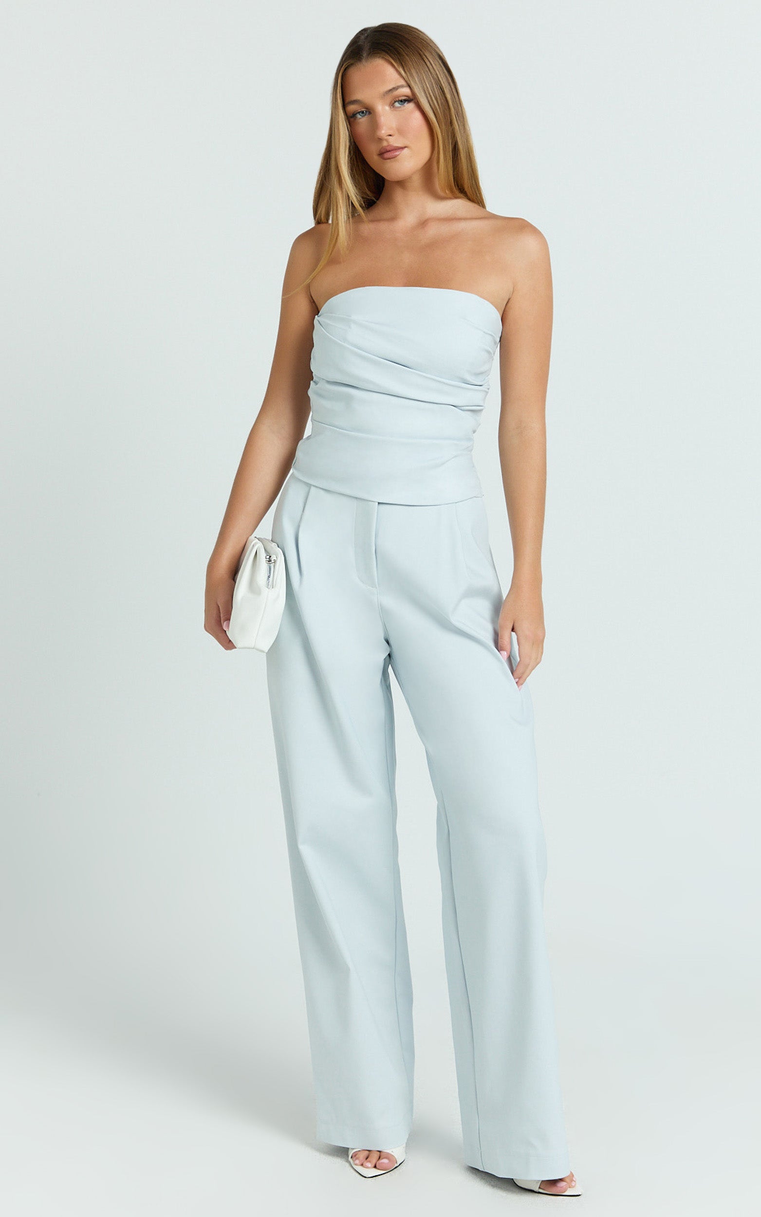 Ella Two Piece Set - Ruched Strapless Top and Tailored Pants in Blue