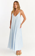 Estelle Maxi Dress - V Neck Pleated Dress in Blue