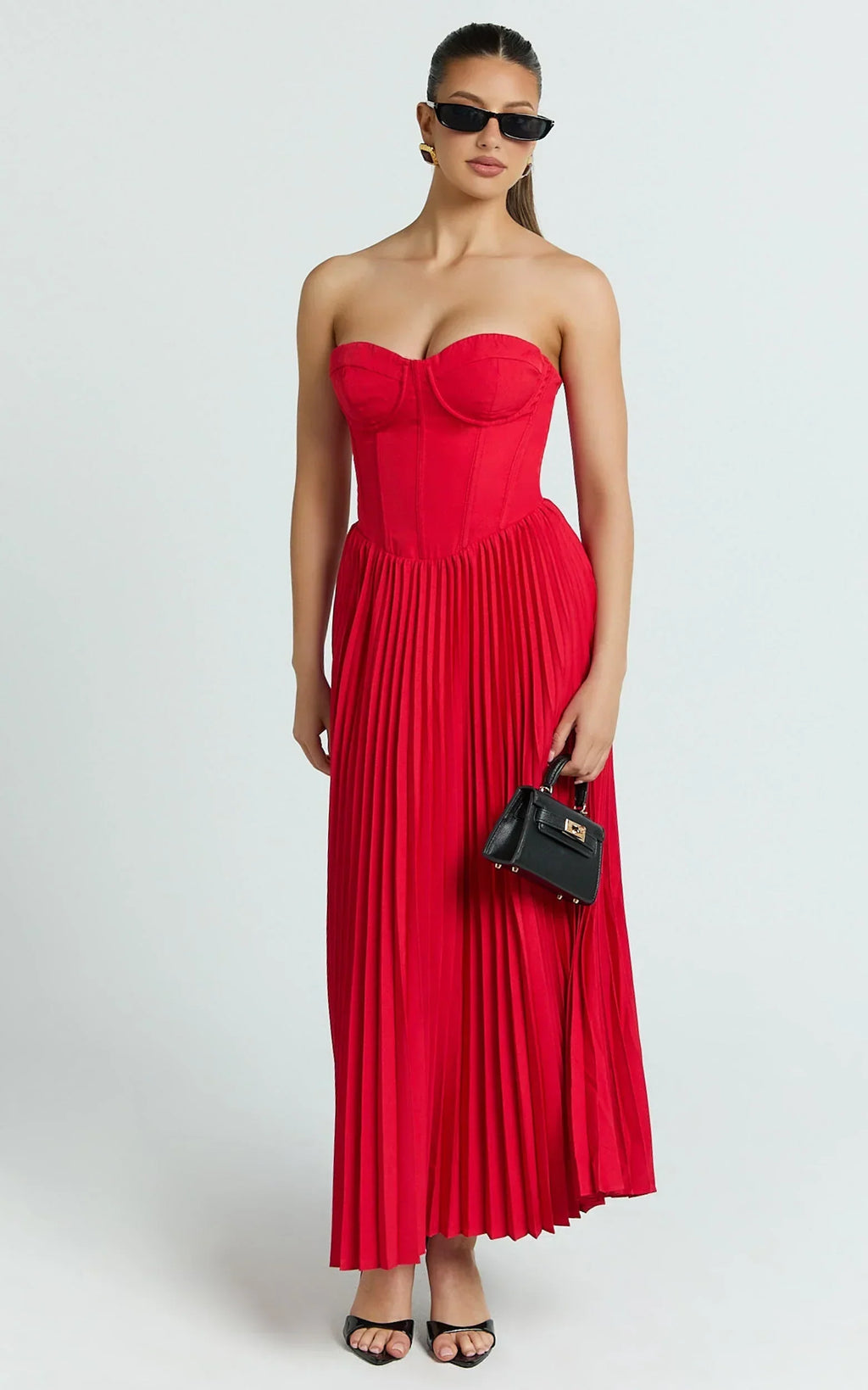 Loretta Midi Dress - Lace Up Back Bustier Pleated Dress in Red