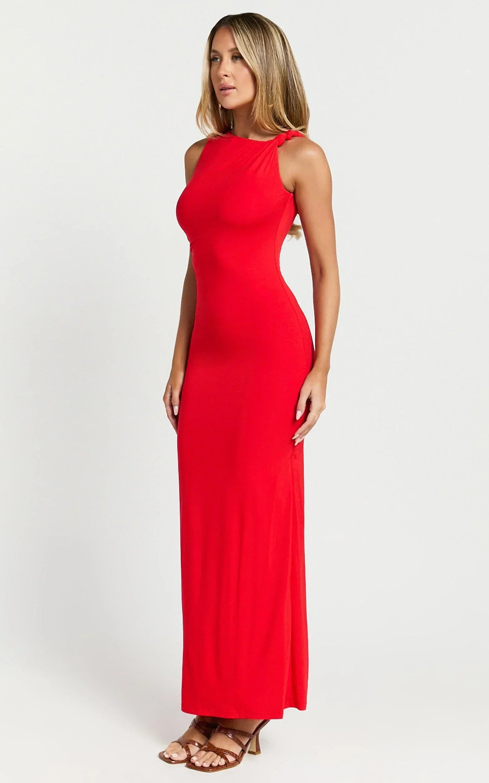 Aisha Maxi Dress - Sleeveless Twist Strap Bodycon Dress in Red