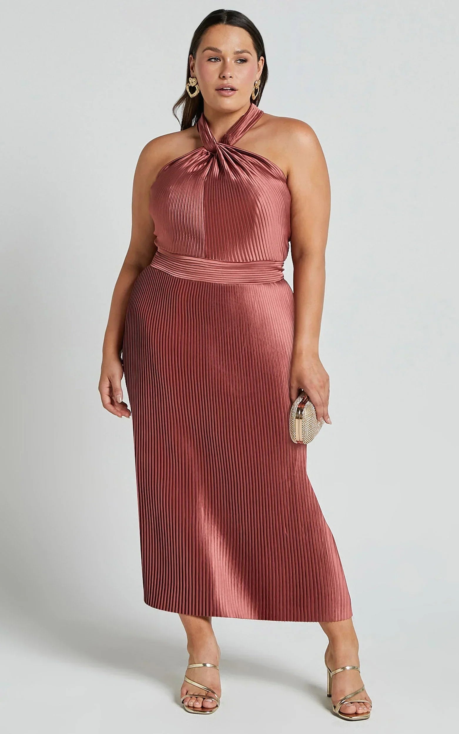 Marlette Midi Dress - Pleated Open Back Halter Dress in Rust