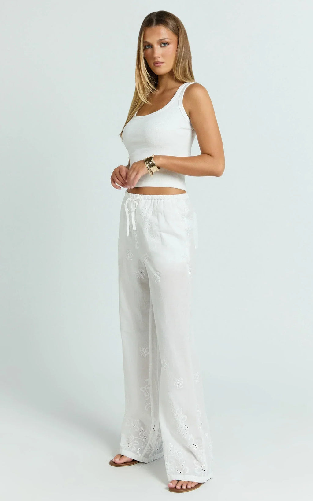 Carley Pants - Embroidered Relaxed Wide Leg Pants in White