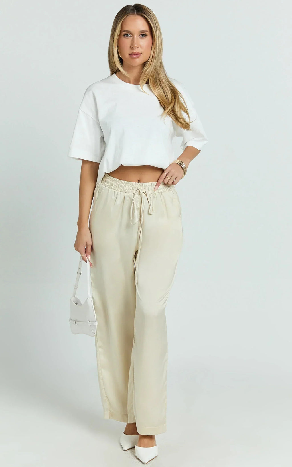 Jinky Pants - Satin Drawstring Pants in Off White