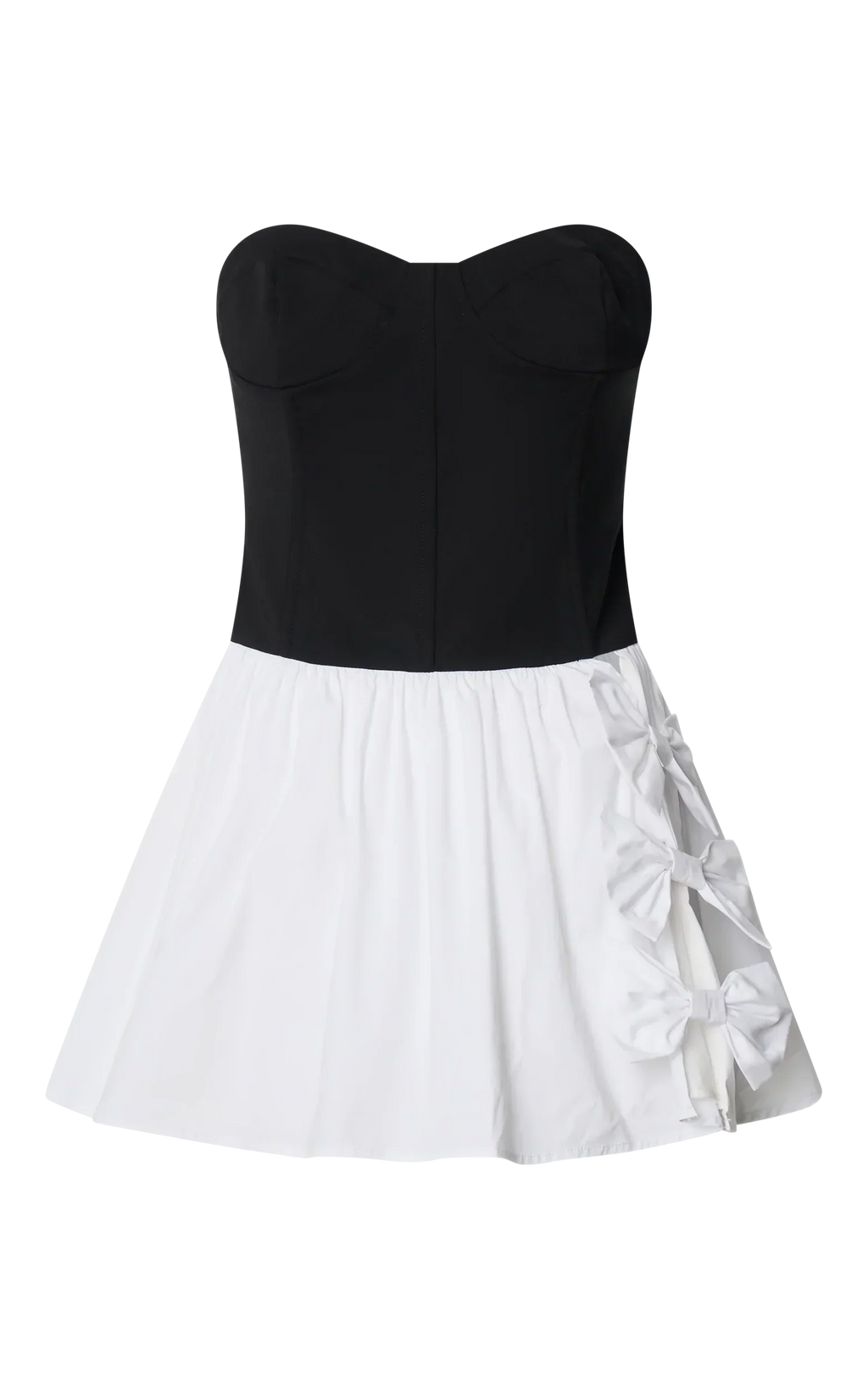 Adelita Mini Dress - Strapless Contrast Colour Bodice Gathered Poplin Skirt Dress in Black