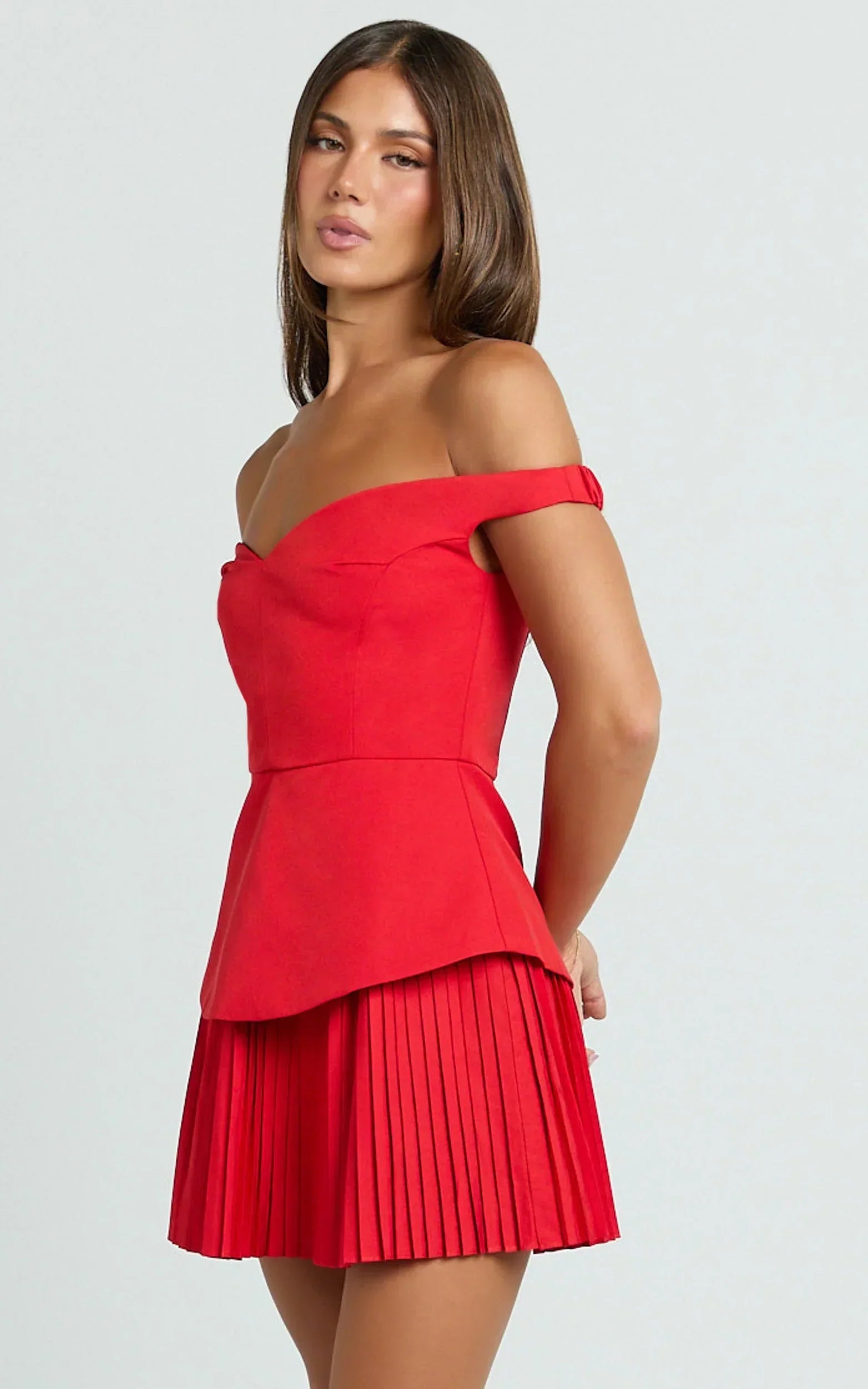 Izara Mini Dress - Off Shoulder Pleated Dress in Red