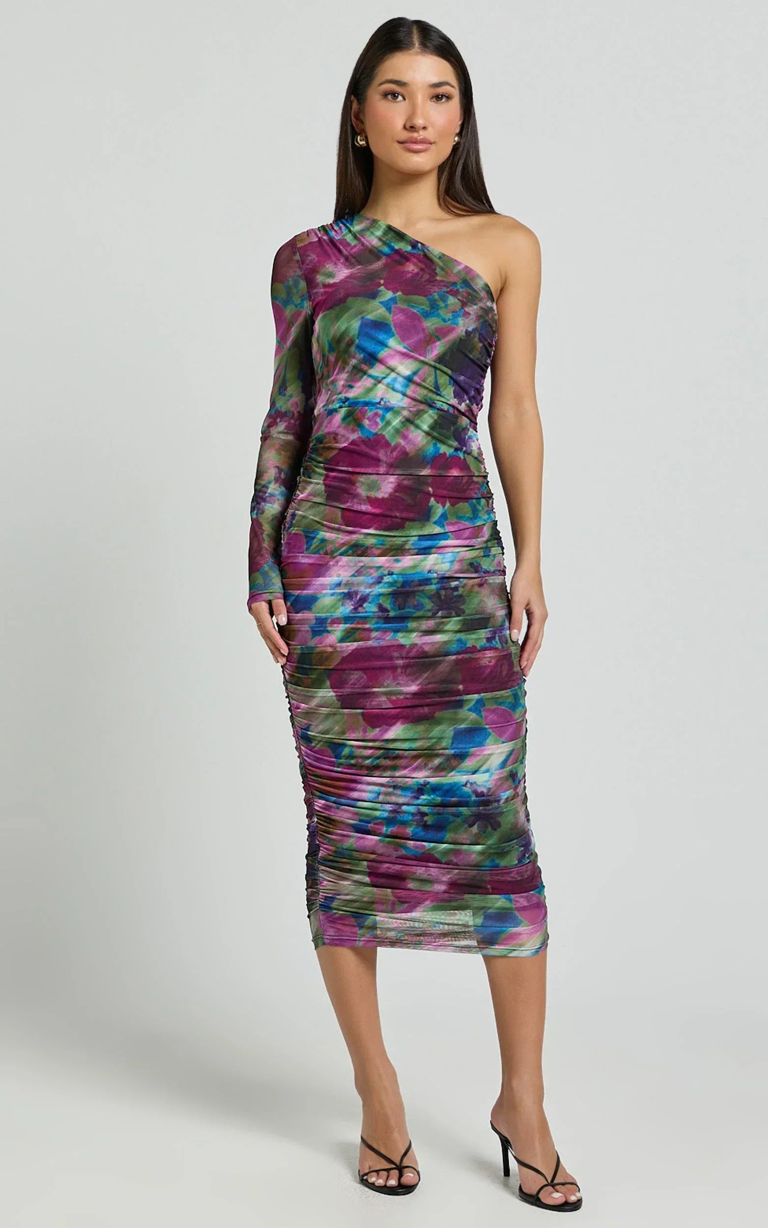 Pepper Midi Dress - One Shoulder Ruched Mesh Dress in Ethereal Iris Print