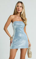 Nikki Mini Dress - Sequin Strapless Bodycon Dress in Sky Blue
