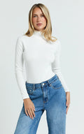 Isabela Bodysuit - High Neck Long Sleeve Ribbed Bodysuit in White