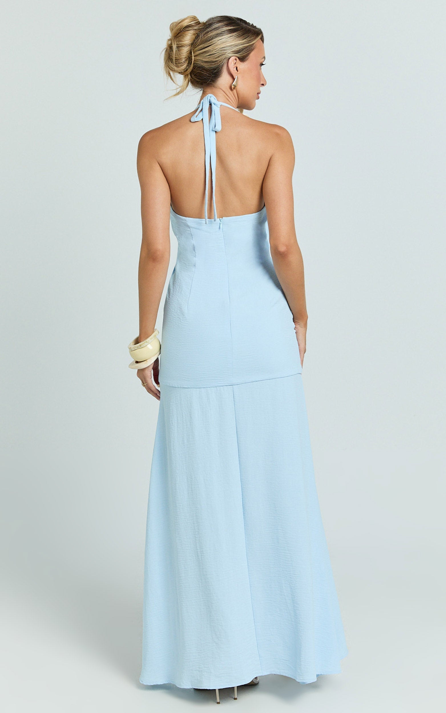 Faye Maxi Dress - Halter Neck Chain Detail Front Draped Leg Split Dress in Blue