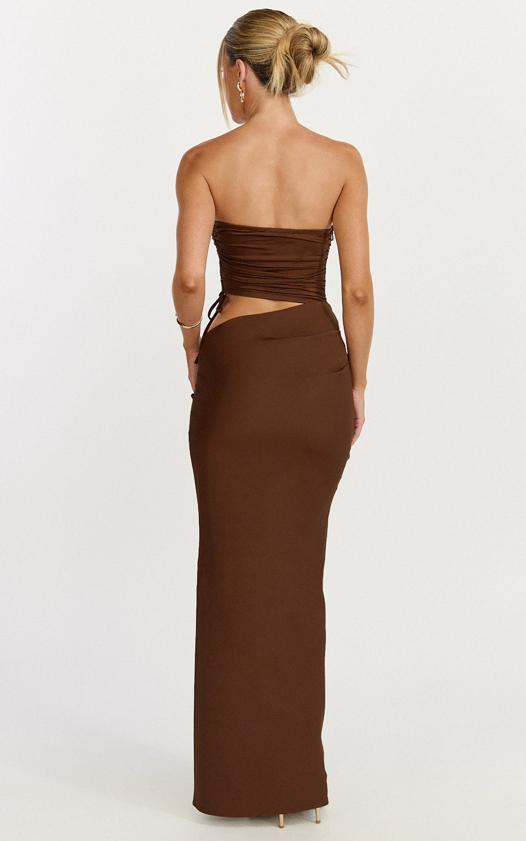 Fergie Maxi Dress - Strapless Side Ruched Cut Out Fitted Dress in chestnut brown