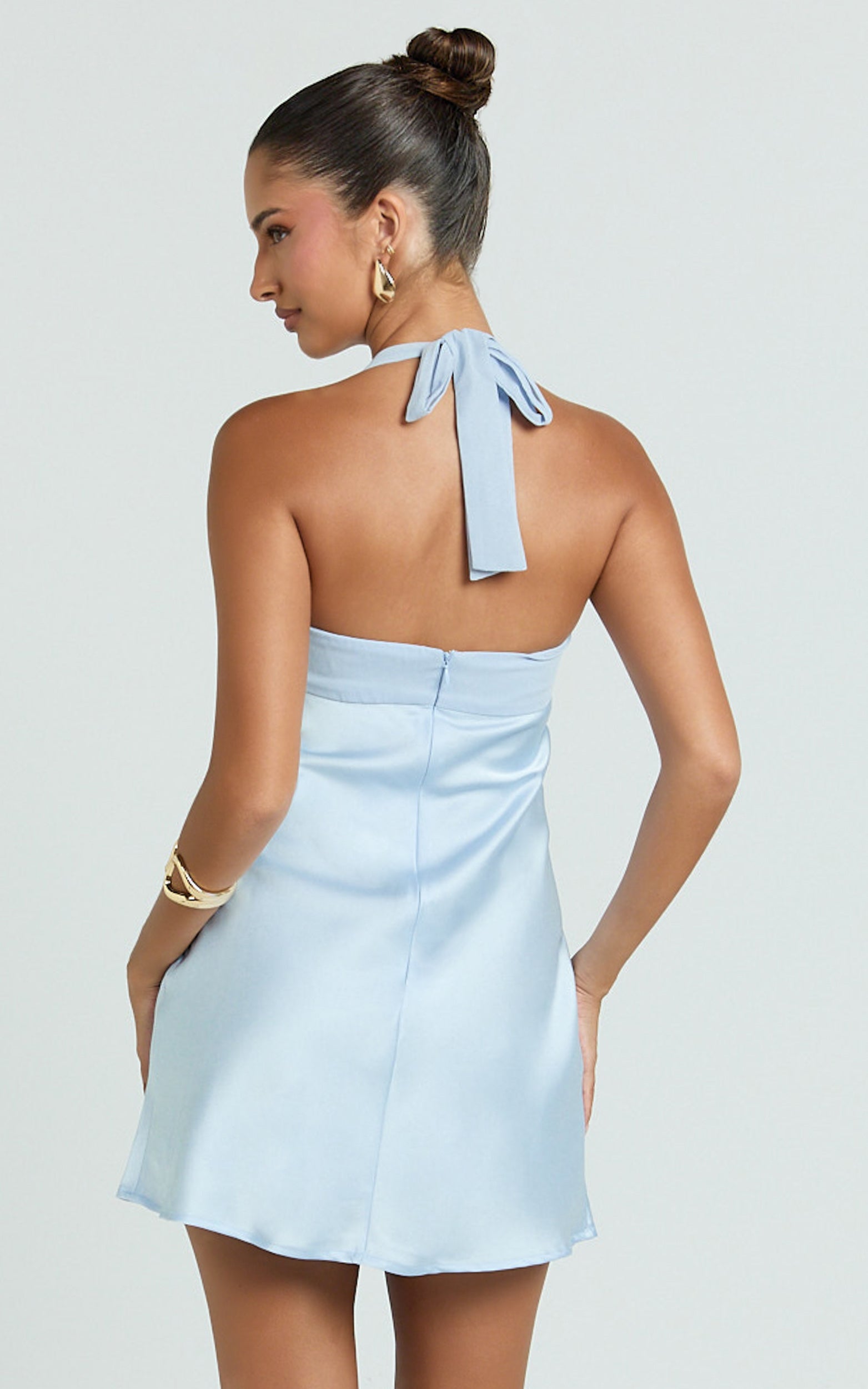 Flynn Mini Dress - Satin Halter Sweetheart Neck Dress in Blue