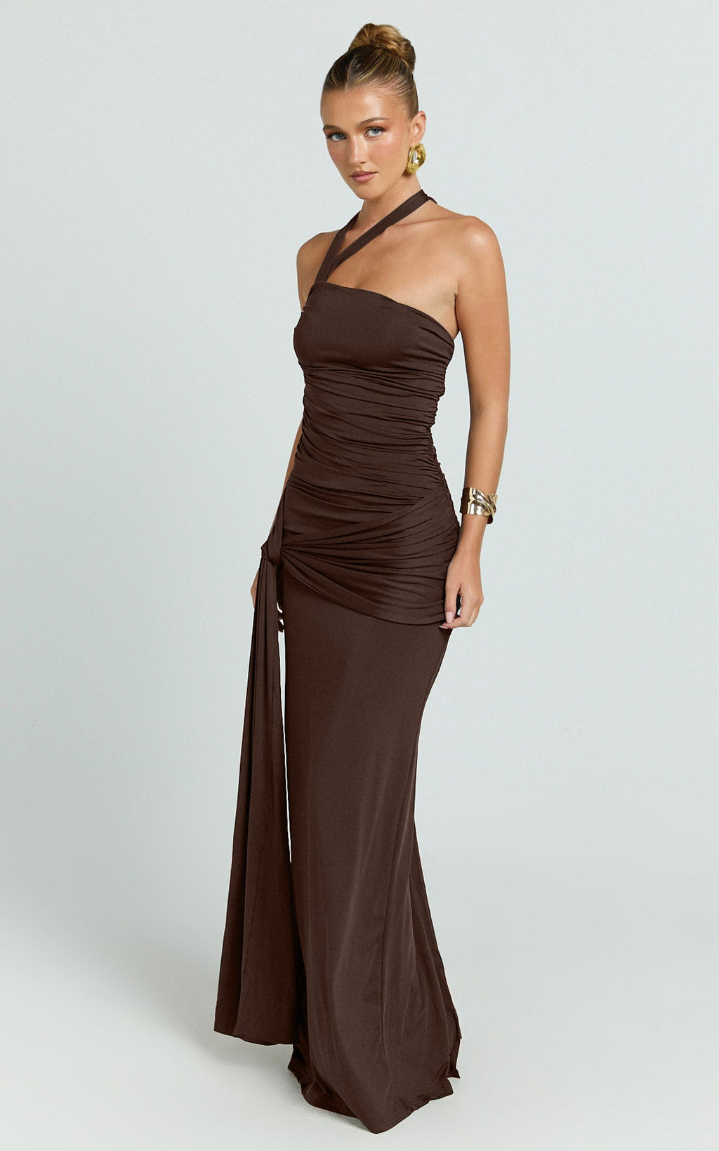 Ginny Maxi Dress - Asymmetric Neck Waist Tie Dress in Chocolate