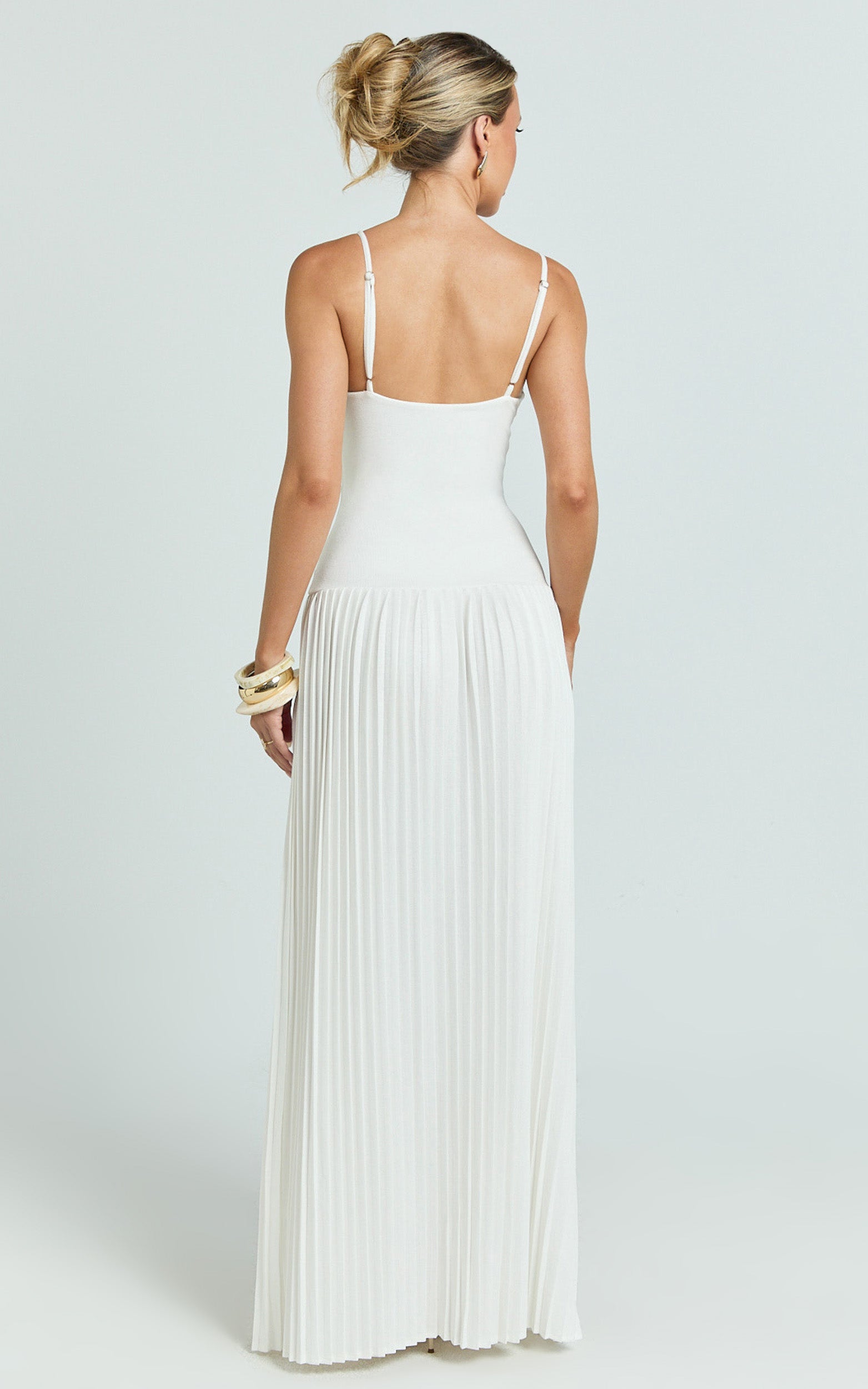 Hathaway Maxi Dress - U Shaped Neck Pleated Dress in Ivory