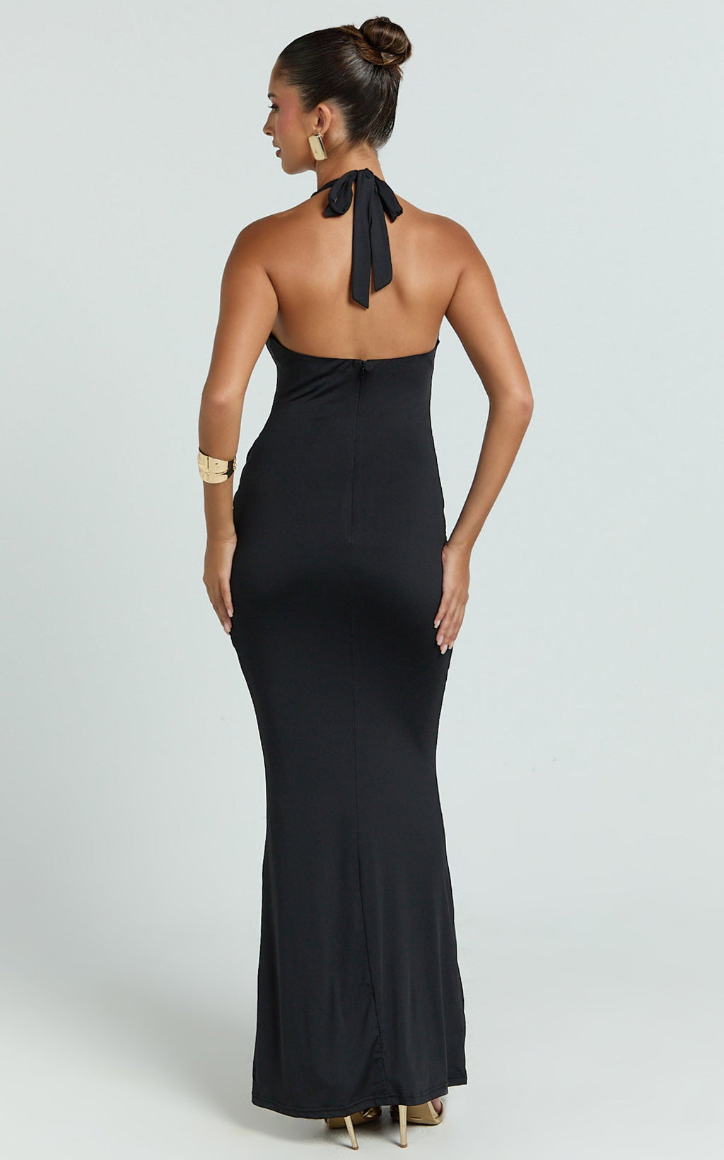 Heath Maxi Dress - Scoop Halter Neck With Drape Front Skirt Back Split Dress in Black