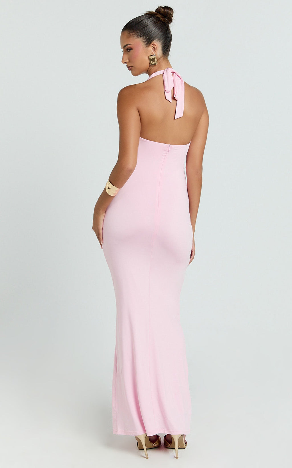 Heath Maxi Dress - Scoop Halter Neck With Drape Front Skirt Back Split Dress in Pink
