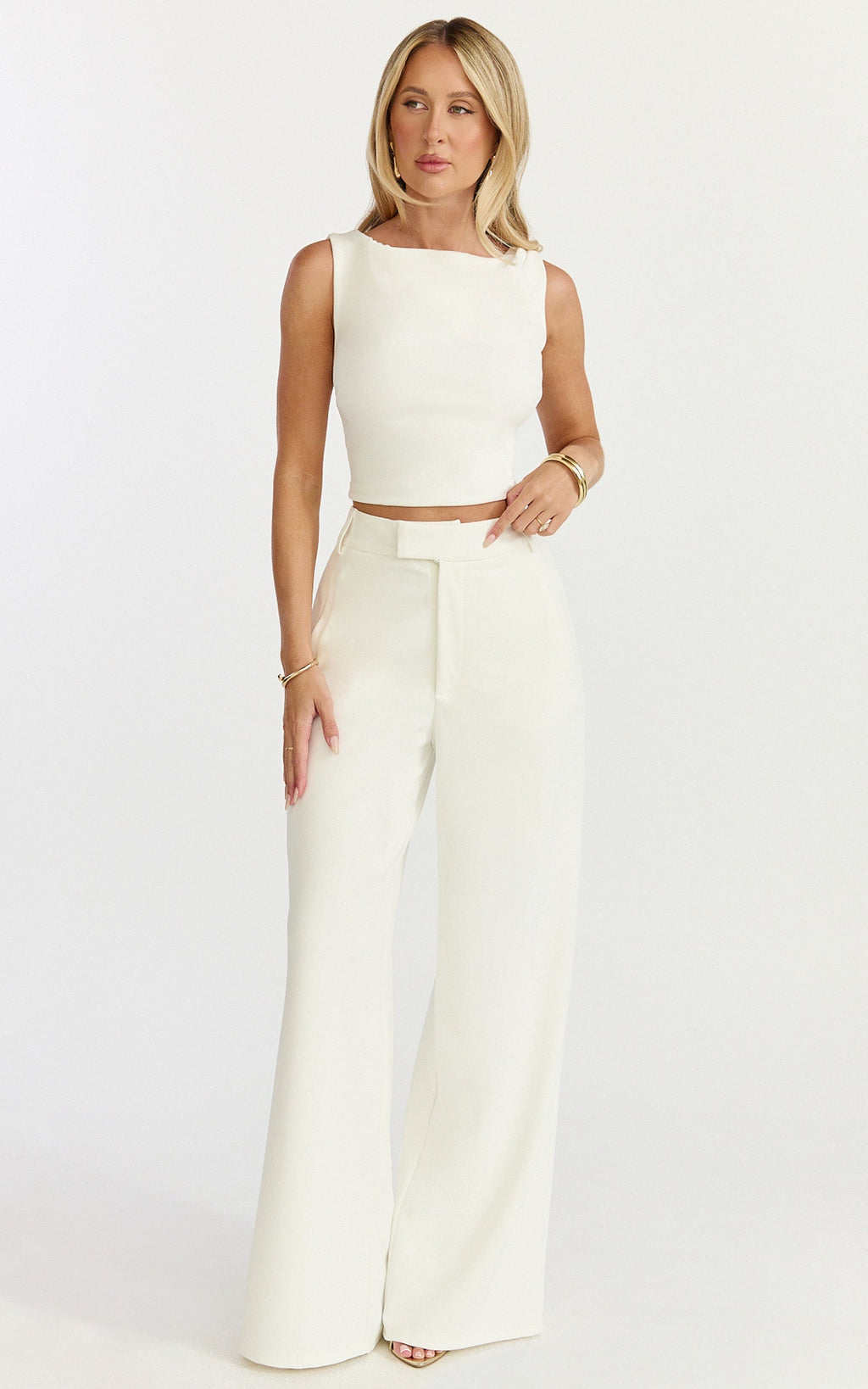 Helen Two Piece Set - Crepe Twisted Top And Wide Leg Pants in Cream