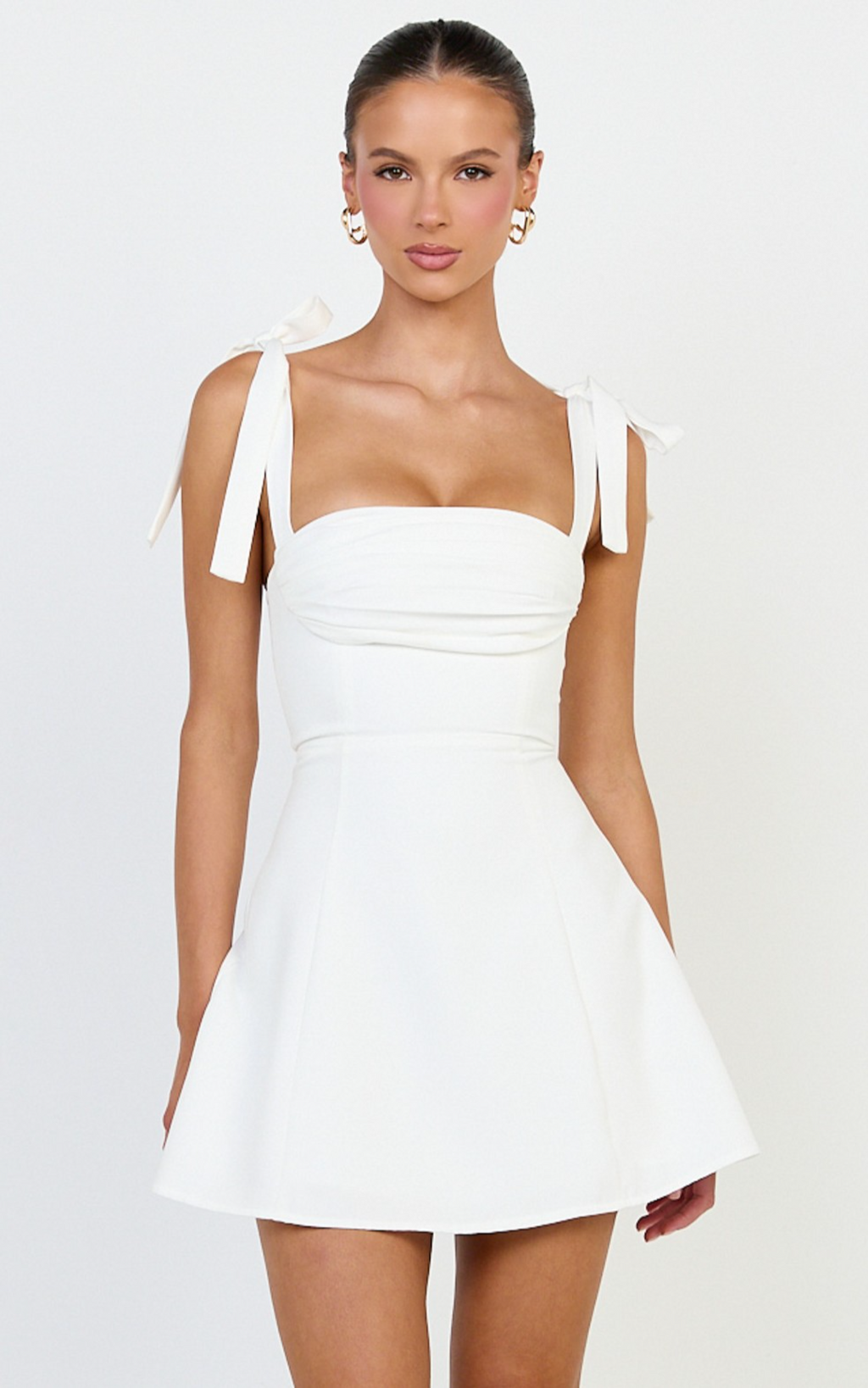 Inez Mini Dress - Gathered Bust A Line Shoulder Tie Dress in White