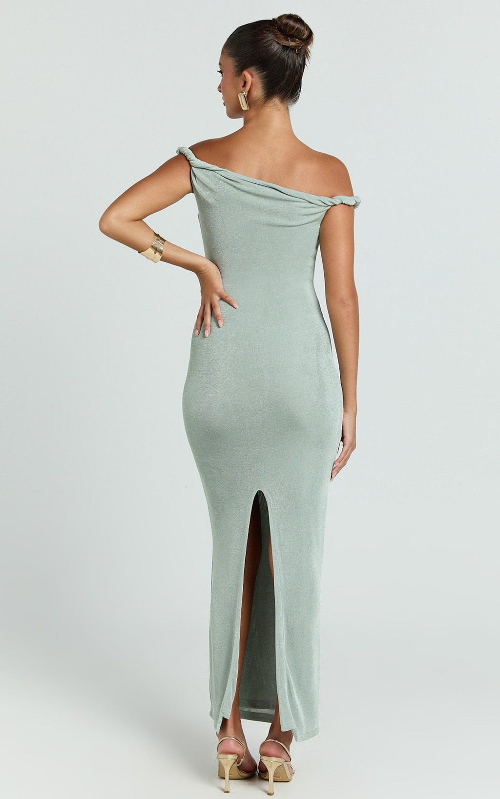 Isabel Midi Dress - Twist Off Shoulder Bodycon Dress in Sage