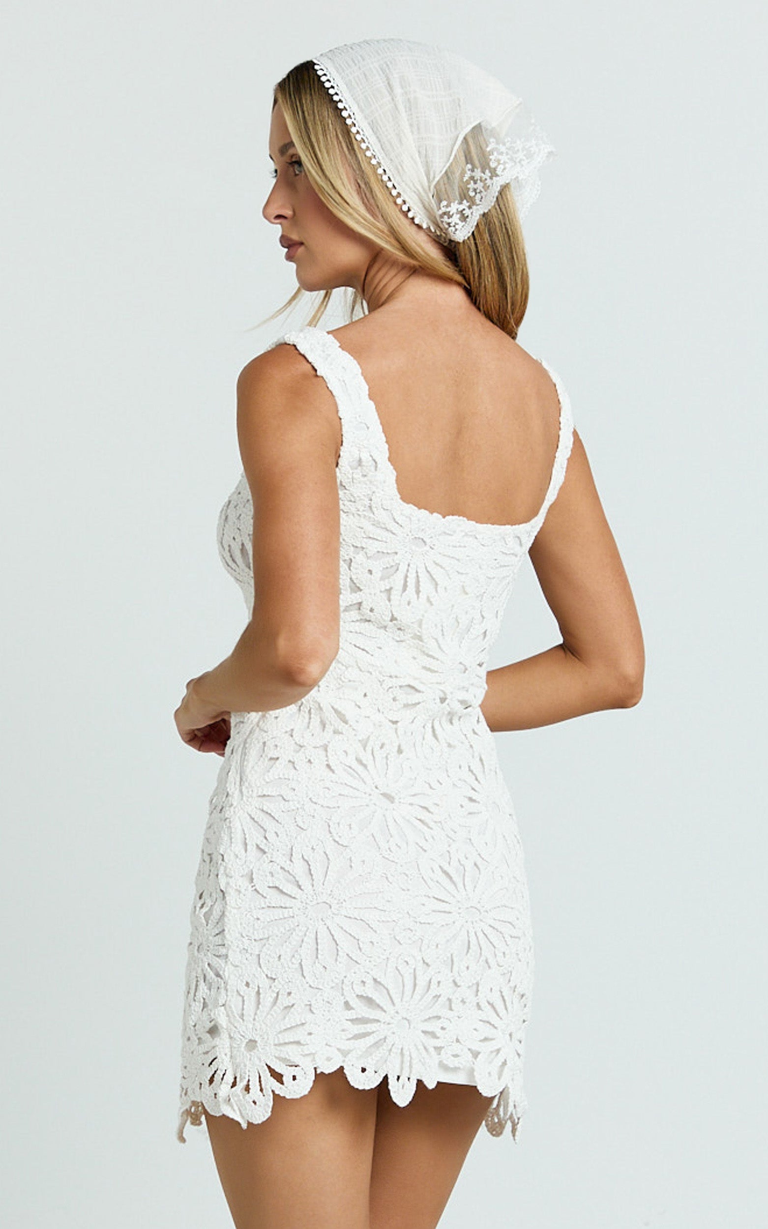 Jane Mini Dress - Square Neck Lace Dress in White